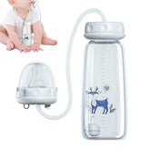 Clear plastic hands-free feeding bottle with anti-colic design and adjustable fast flow straw for toddlers