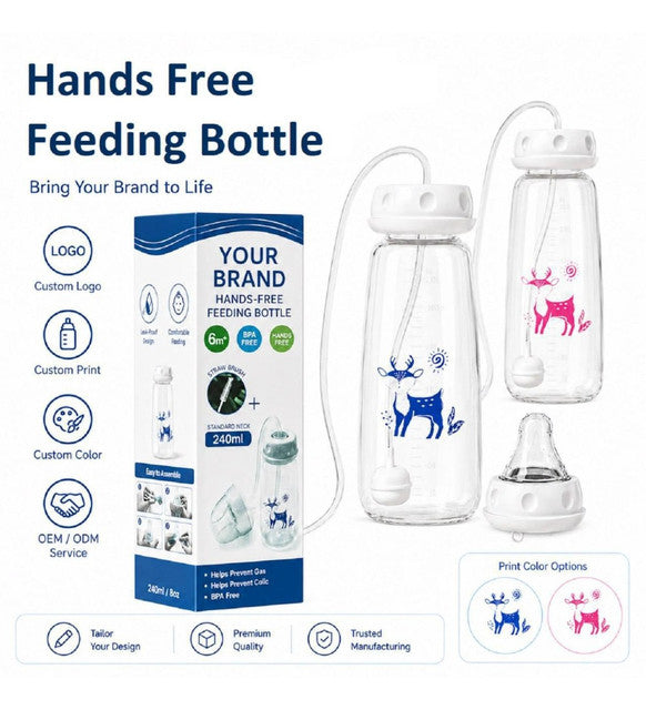 Clear plastic hands-free feeding bottle with anti-colic design and adjustable fast flow straw for toddlers