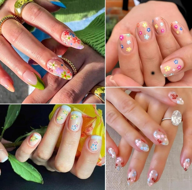Multicolor self-adhesive nail art stickers featuring floral, daisy, and decorative designs for DIY nail decoration