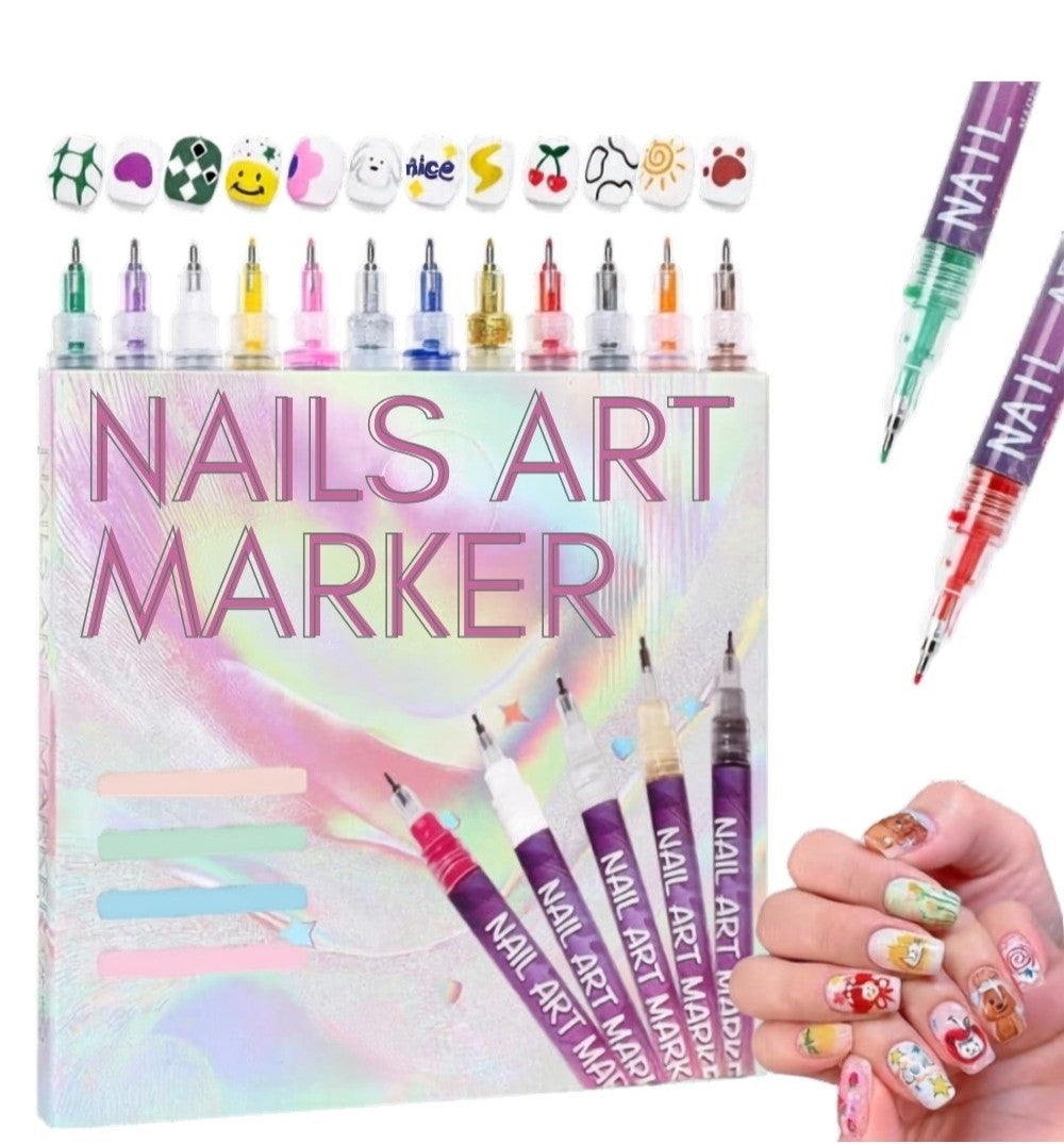 Multicolor plastic nail art maker pen set with 12 vibrant colors for detailed nail designs and crafts
