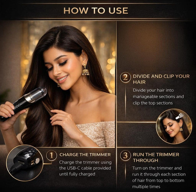 Black stainless steel cordless 2-in-1 hair trimmer and split end remover for professional at-home hair care