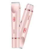 Pink plastic and stainless steel dual head electric shaver for complete body, face, and bikini grooming
