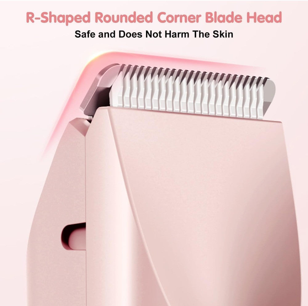 Pink plastic and stainless steel dual head electric shaver for complete body, face, and bikini grooming