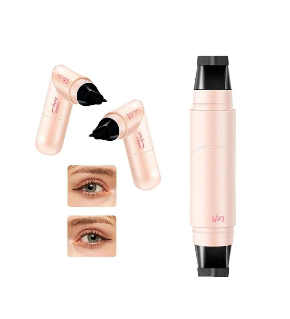 Pink and black dual-purpose winged eyeliner stamp and liquid liner pen for dramatic and natural eye makeup