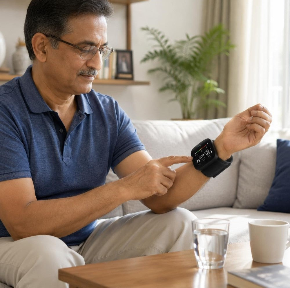 Black plastic digital blood pressure monitor for home use with adjustable wrist cuff and clear digital display