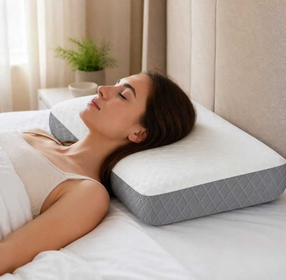 White-grey orthopedic memory foam pillow providing therapeutic support for neck and shoulder alignment