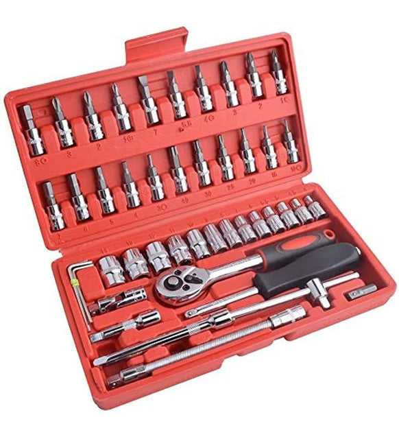 Silver and red 46-piece comprehensive tool kit with ratchet handle, sockets, and bits for mechanical repair