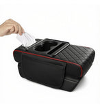 Black and red faux leather car arm rest cushion with memory foam, cup holders, and phone storage compartment