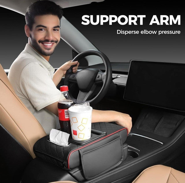 Black and red faux leather car arm rest cushion with memory foam, cup holders, and phone storage compartment
