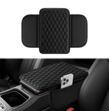 Black PU leather car armrest cushion cover with storage pocket, designed for universal fit and comfort