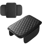 Black PU leather car armrest cushion cover with storage pocket, designed for universal fit and comfort