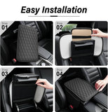 Black PU leather car armrest cushion cover with storage pocket, designed for universal fit and comfort