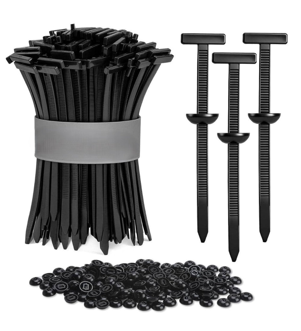 Black nylon t-style cable tie buckle set, 150 pieces, for universal automotive and general cable management