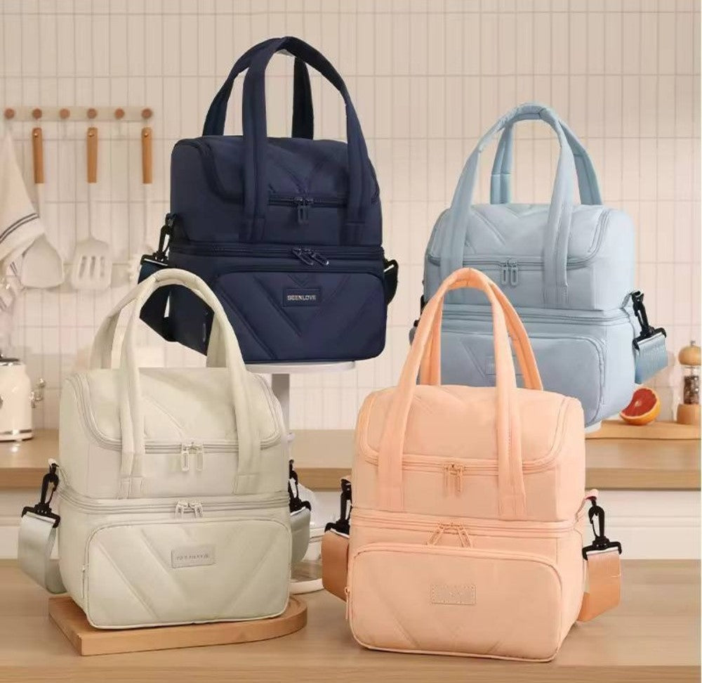 Multicolor cotton dual zipper lunch bag with insulated double compartments for keeping food fresh