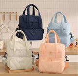 Multicolor cotton dual zipper lunch bag with insulated double compartments for keeping food fresh