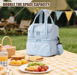 Multicolor cotton dual zipper lunch bag with insulated double compartments for keeping food fresh