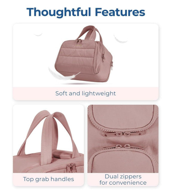 Peach polyester 4-in-1 travel toiletry bag with multiple compartments for cosmetics and toiletries
