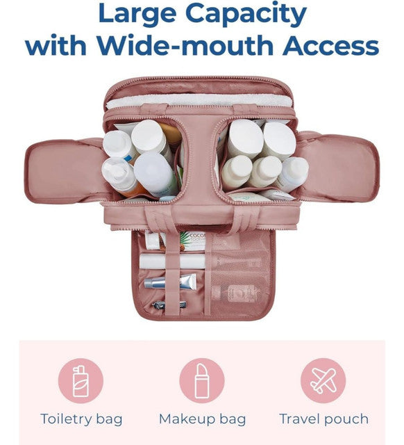 Peach polyester 4-in-1 travel toiletry bag with multiple compartments for cosmetics and toiletries