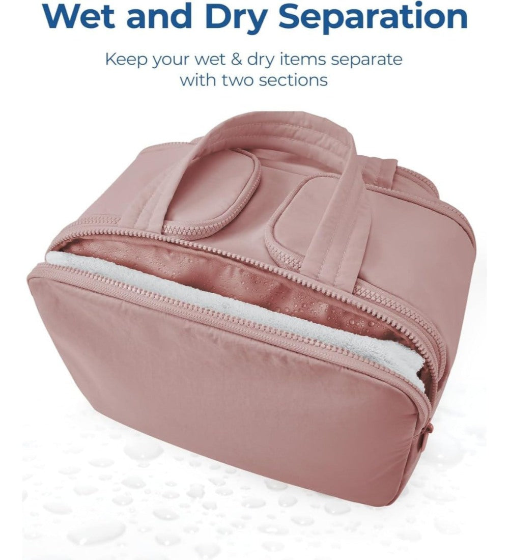 Peach polyester 4-in-1 travel toiletry bag with multiple compartments for cosmetics and toiletries