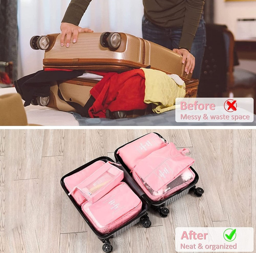 Pink nylon 7-piece travel packing cube set with various organizers for clothes, shoes, and toiletries