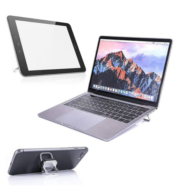 Silver foldable mini laptop stand made of zinc alloy for ergonomic viewing and heat dissipation