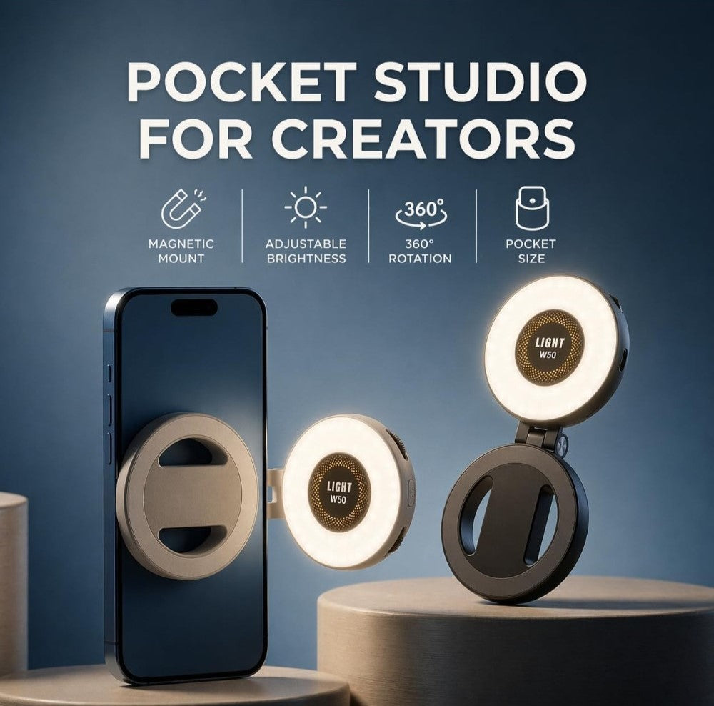 White magnetic selfie light with adjustable brightness and 360-degree swivel for portable video recording