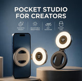 White magnetic selfie light with adjustable brightness and 360-degree swivel for portable video recording