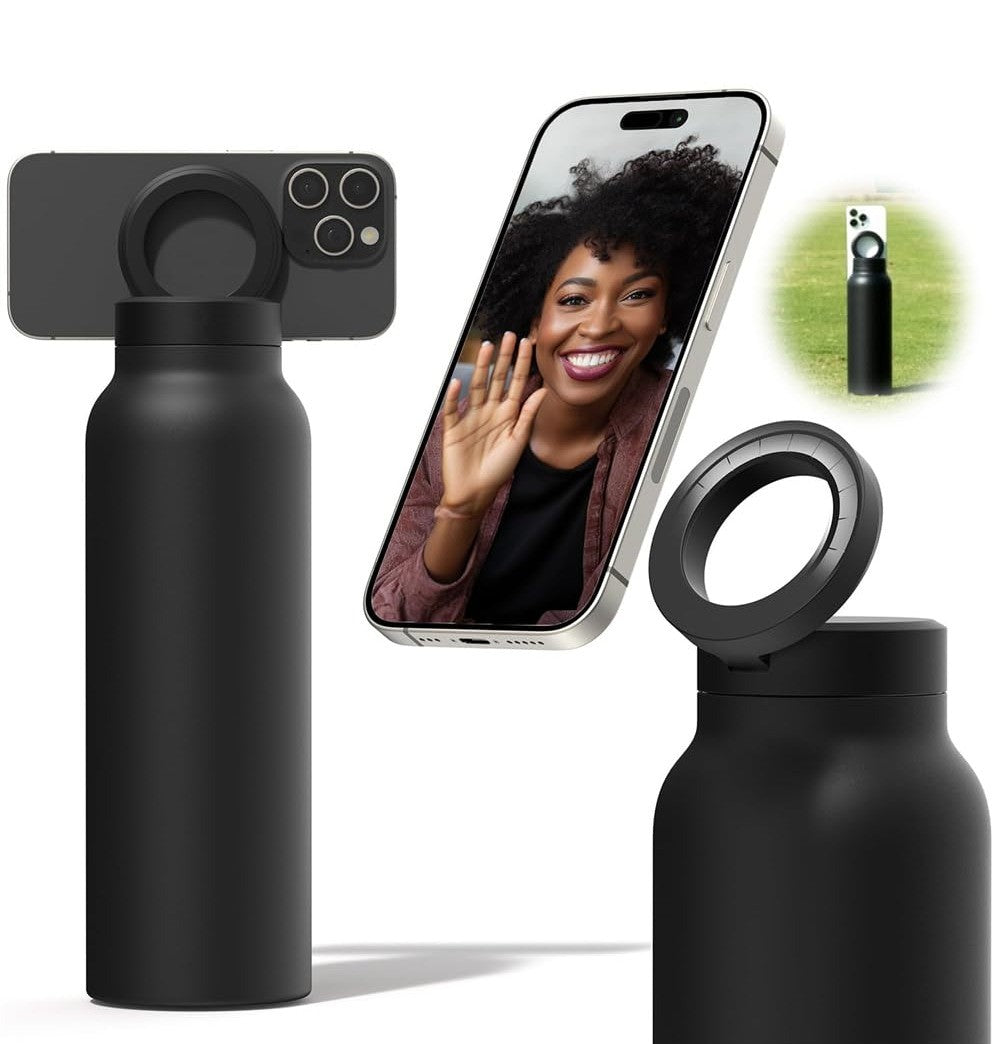 Black stainless steel reusable water bottle with magnetic phone holder lid and carry handle