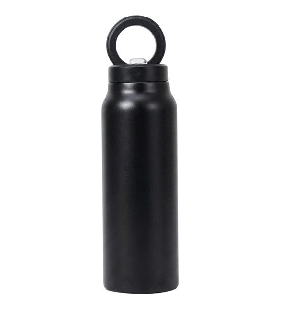 Black stainless steel reusable water bottle with magnetic phone holder lid and carry handle