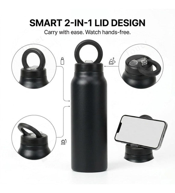 Black stainless steel reusable water bottle with magnetic phone holder lid and carry handle