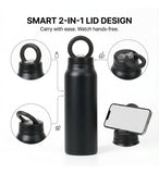 Black stainless steel reusable water bottle with magnetic phone holder lid and carry handle