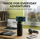 Black stainless steel reusable water bottle with magnetic phone holder lid and carry handle