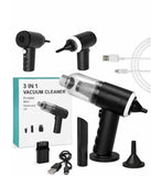 Black 3-in-1 portable vacuum cleaner with multiple nozzles for cleaning dust, pet hair, and debris