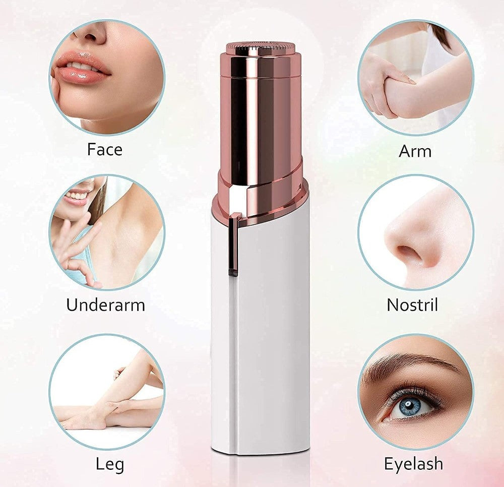 White plastic facial hair remover with LED light for painless trimming of upper lip, chin, and eyebrows