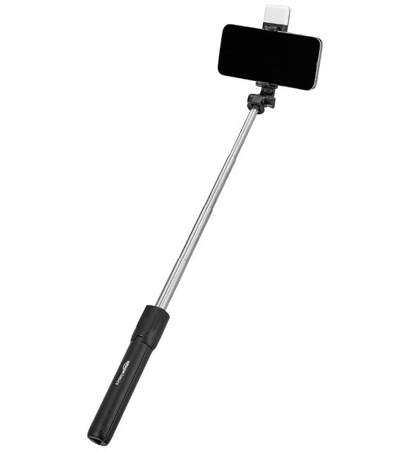 Black multi-functional selfie stick tripod with detachable Bluetooth remote and built-in LED light