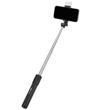 Black multi-functional selfie stick tripod with detachable Bluetooth remote and built-in LED light