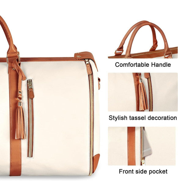 Beige faux leather and canvas 2-in-1 convertible travel duffel bag with shoulder strap and multiple pockets