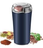 Navy blue electric coffee bean grinder with stainless steel accents for grinding spices and herbs