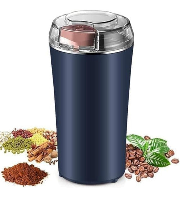 Navy blue electric coffee bean grinder with stainless steel accents for grinding spices and herbs