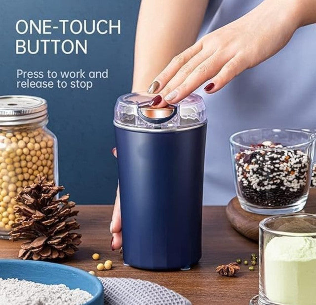 Navy blue electric coffee bean grinder with stainless steel accents for grinding spices and herbs