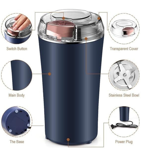 Navy blue electric coffee bean grinder with stainless steel accents for grinding spices and herbs