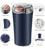 Navy blue electric coffee bean grinder with stainless steel accents for grinding spices and herbs