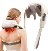 Grey faux leather rechargeable neck massager with heat therapy for soothing neck and shoulder muscles