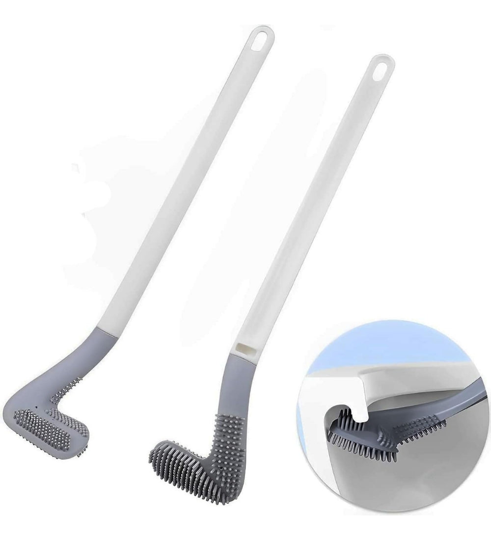 White plastic toilet brush with bendable silicone bristles and wall-mount storage hook for deep cleaning