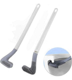 White plastic toilet brush with bendable silicone bristles and wall-mount storage hook for deep cleaning