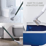 White plastic toilet brush with bendable silicone bristles and wall-mount storage hook for deep cleaning