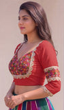 Women's Cotton Blend Embroidered 3/4 Sleeve V-Neck Padded Readymade Blouse (Red, Size 38 - Self-Alterable 36�40)