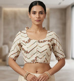 Women's Cotton Printed Half sleeve Round Neck Padded Readymade Blouse (Cream, Size 38 - Self-Alterable 36�40)