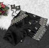 Women's Satin Embroidered Half sleeve V-Neck Padded Readymade Blouse (Black, Size 38 - Self-Alterable 36�40)
