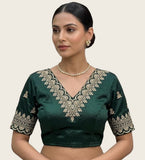Women's Satin Embroidered Half sleeve V-Neck Padded Readymade Blouse (Dark Green, Size 38 - Self-Alterable 36�40)